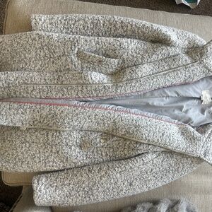 LOFT Gray Textured Long Coat with Pink Trim